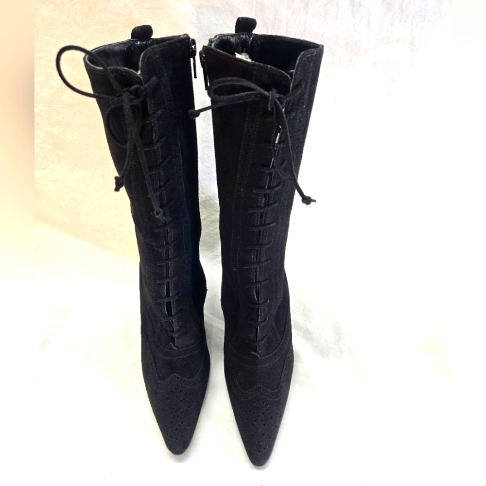 Manolo Blahnik Women's Size 35 Black Suede Zip-up Tie Stiletto Boots - Picture 3 of 7